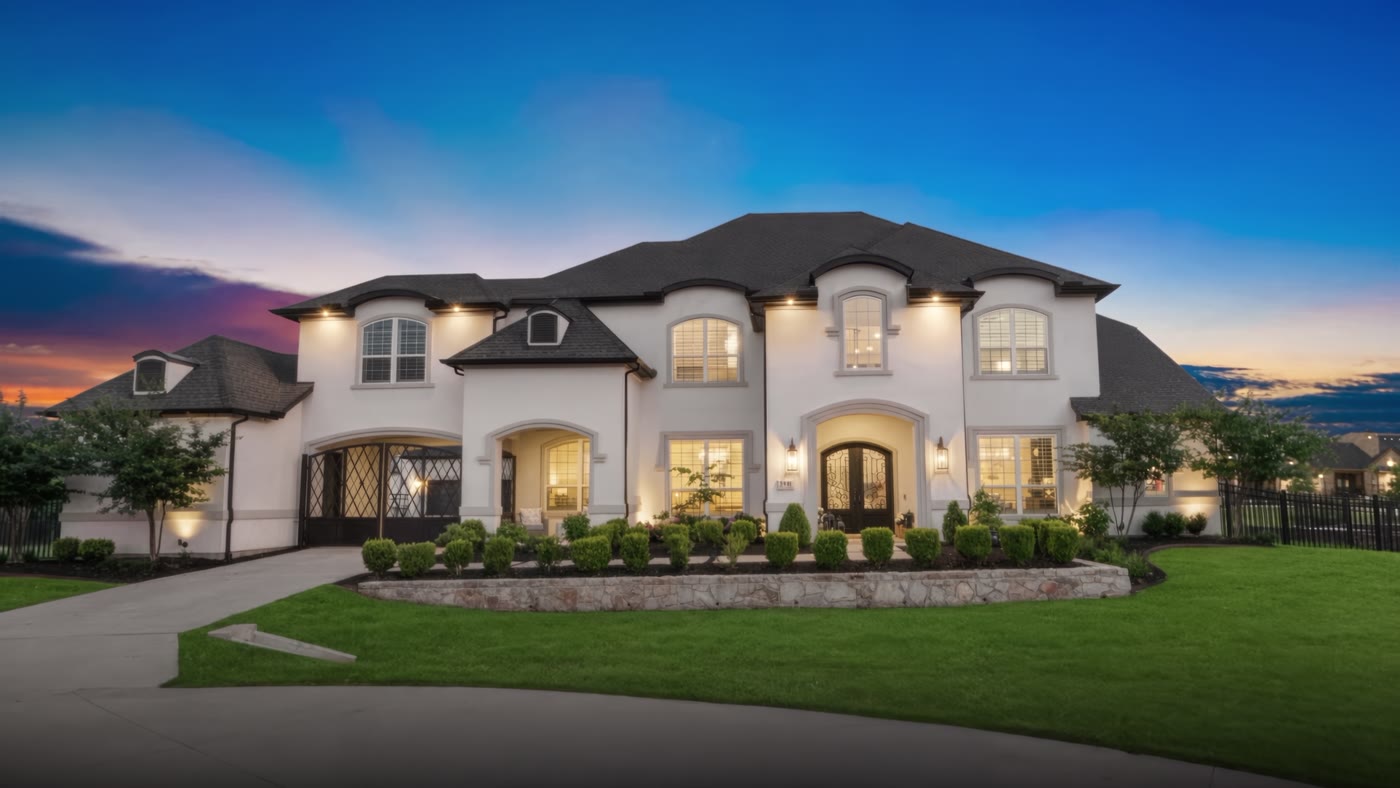 Two-story estate lit at sunset