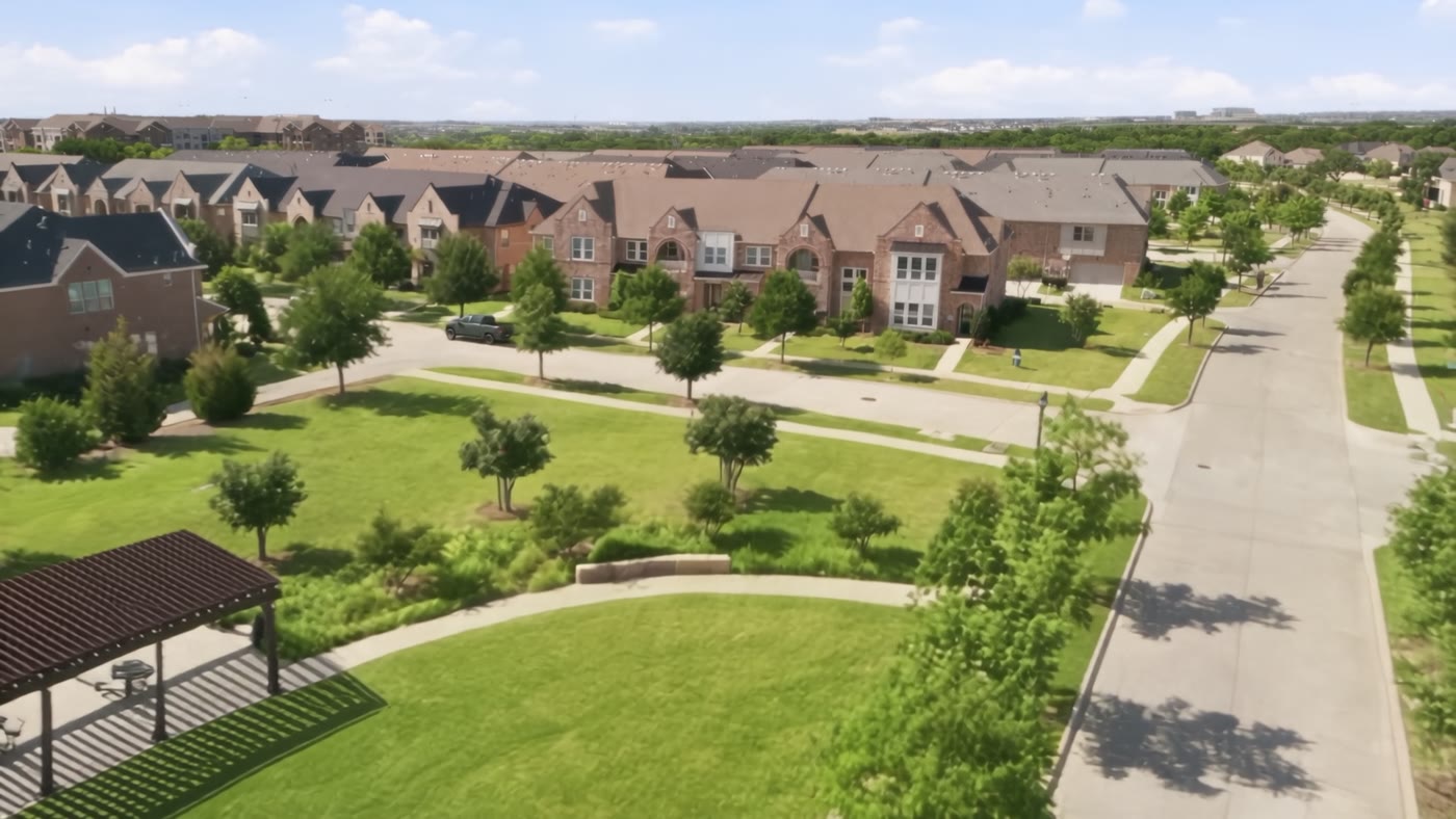 Aerial view of tree-lined streets in a master-planned community